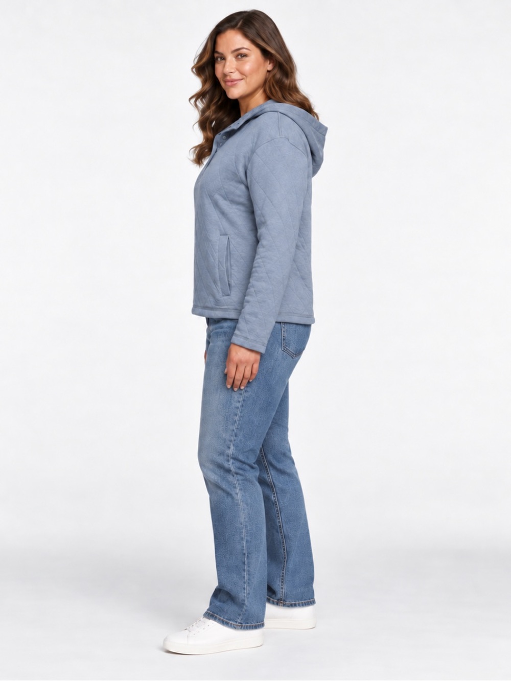 Lands' End Women's Cozy Soft Quilted 5 Snap Pullover Hoodie Kangaroo Pocket π - Picture 2 of 8